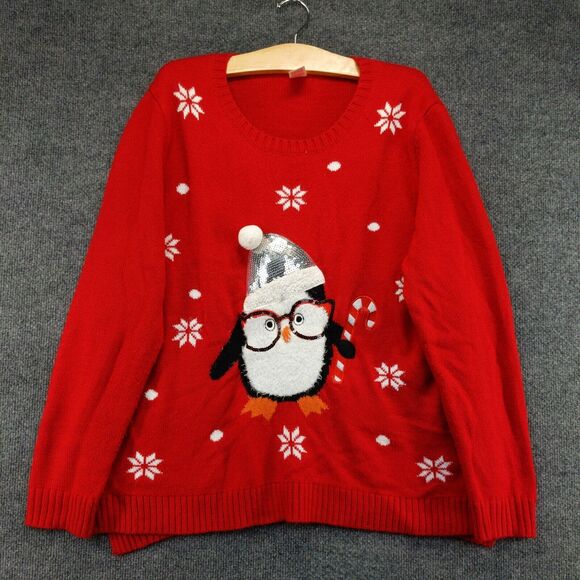 Holiday Time Womens Penguin Ugly Christmas Sweater Red XXL Long Sleeve Crew Neck - Picture 2 of 12